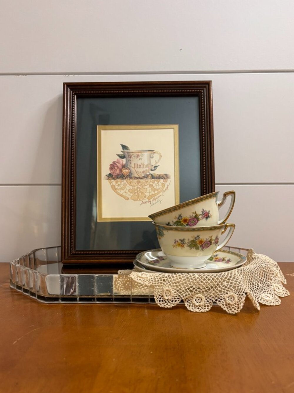 VTG Meito China Madrid Teacups & Saucers Sandy Lynam Clough Art Mirror Tray 7Pc